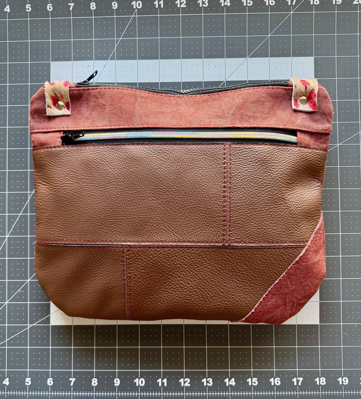 Brown Leather & Red Denim Crossbody