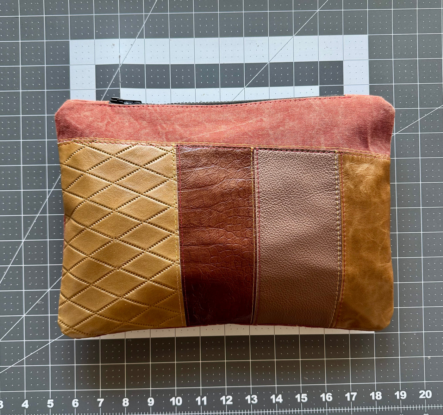 Brown Leather & Red Denim Large Clutch