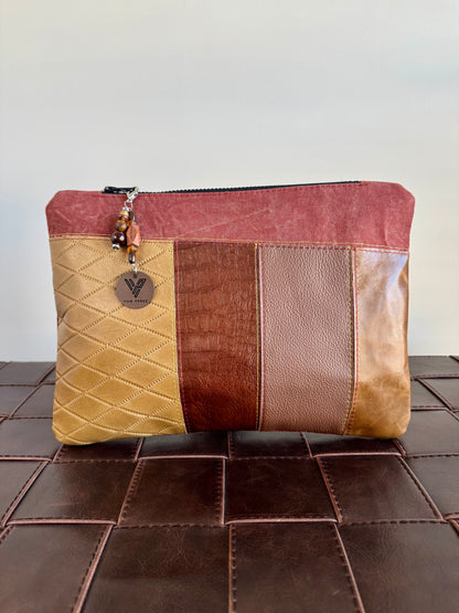 Brown Leather & Red Denim Large Clutch