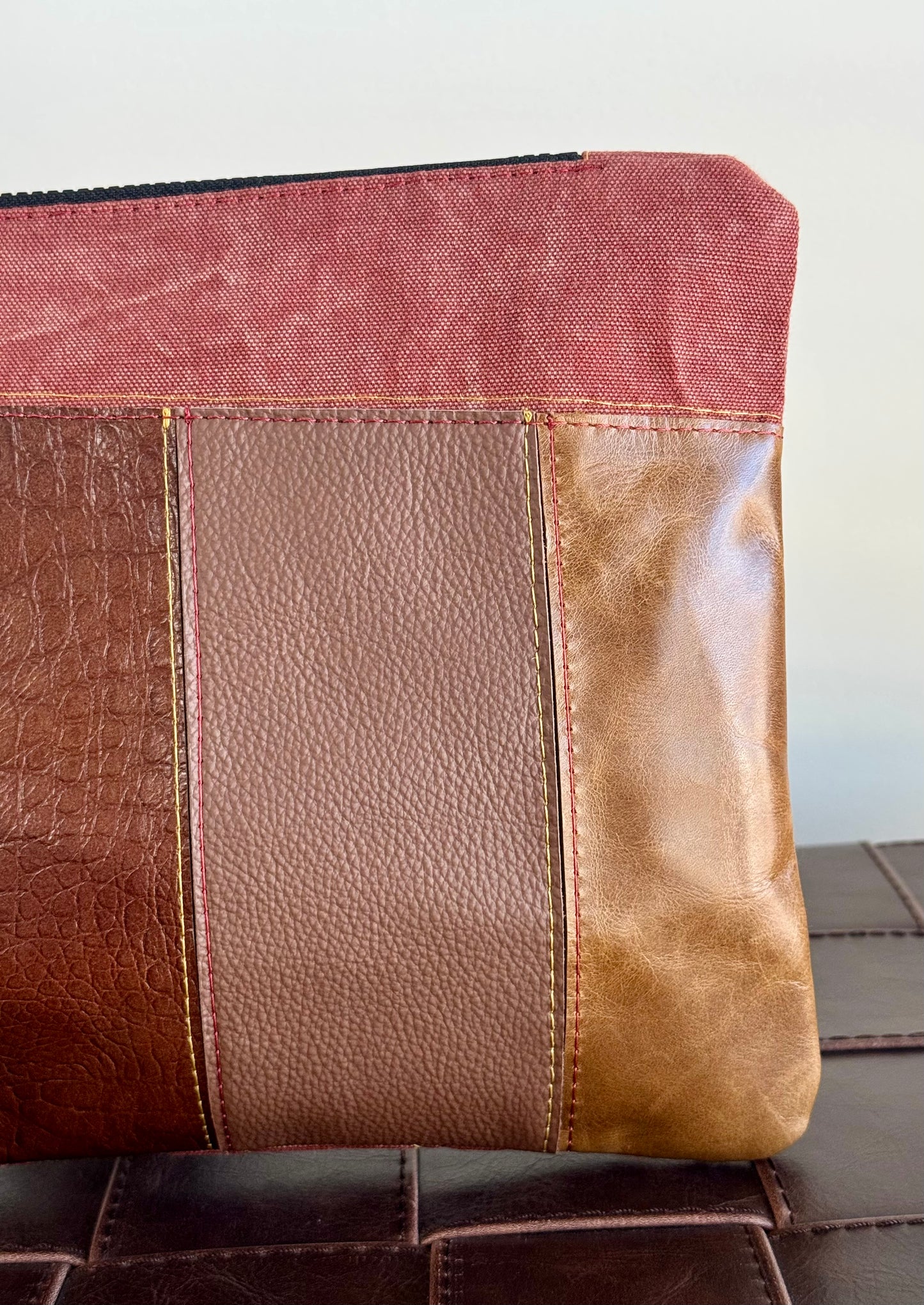 Brown Leather & Red Denim Large Clutch