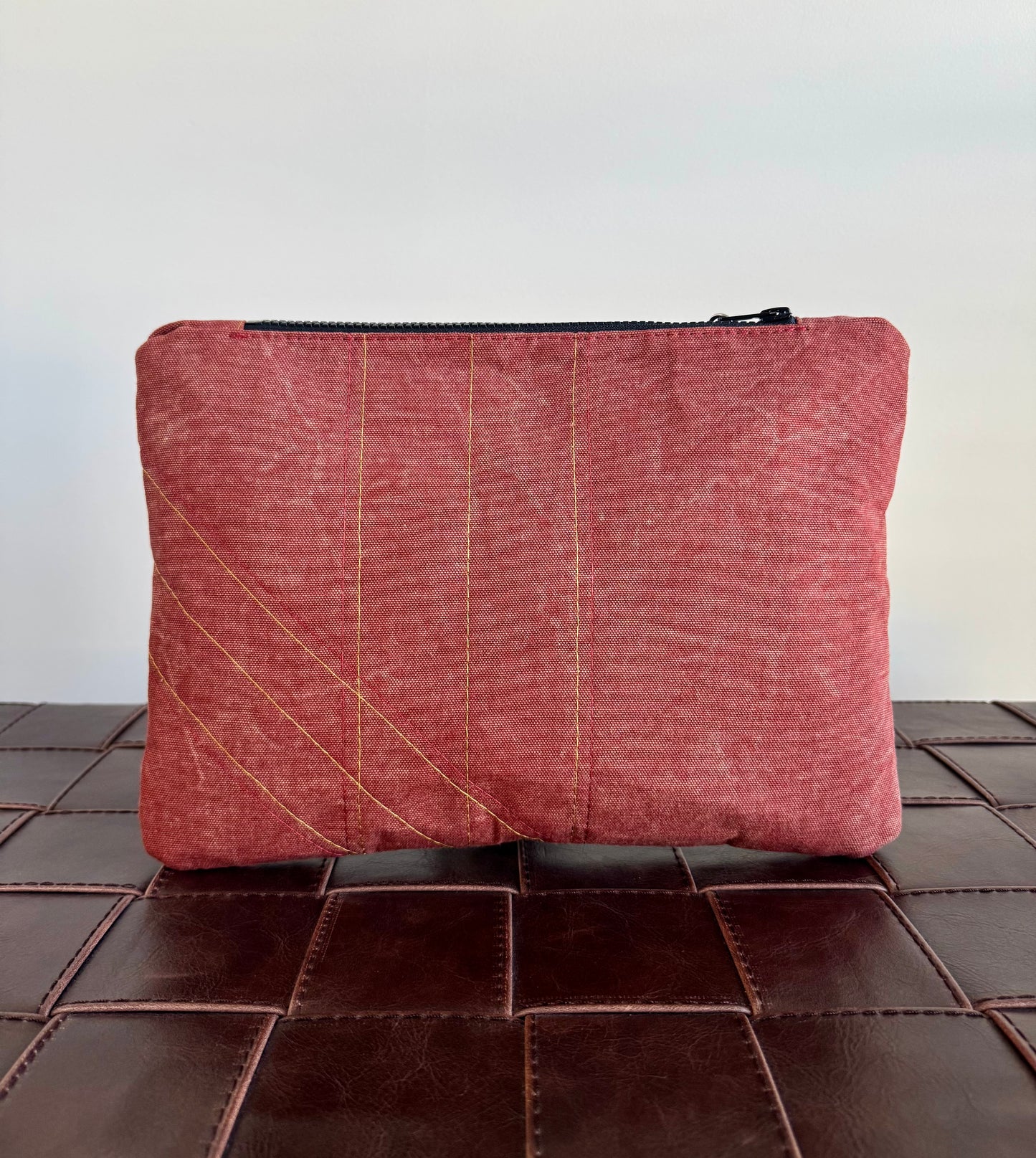 Brown Leather & Red Denim Large Clutch