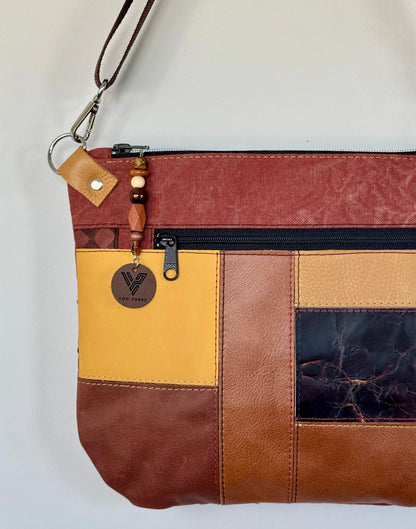 Brown Leather & Red Denim Crossbody