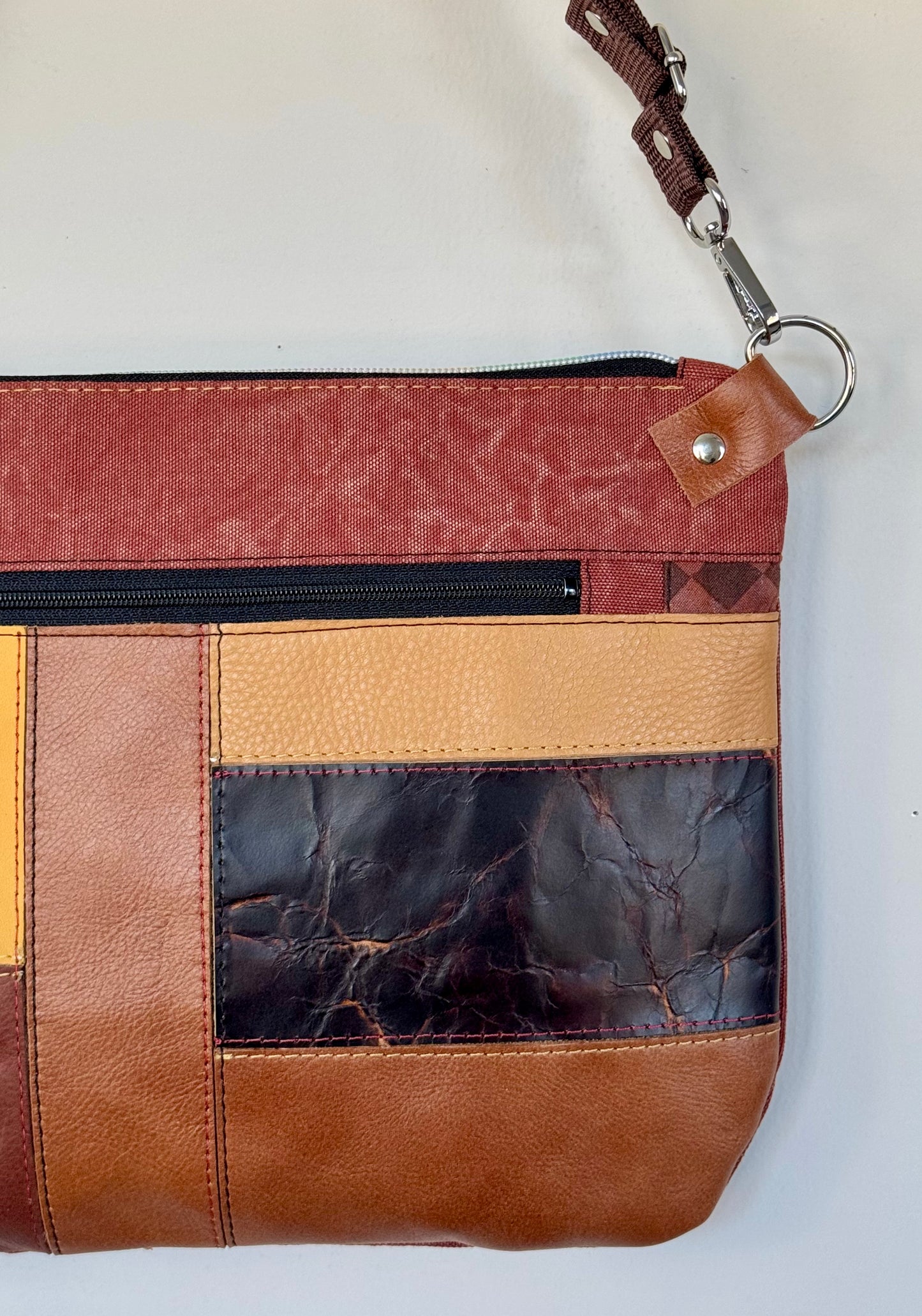 Brown Leather & Red Denim Crossbody