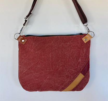 Brown Leather & Red Denim Crossbody