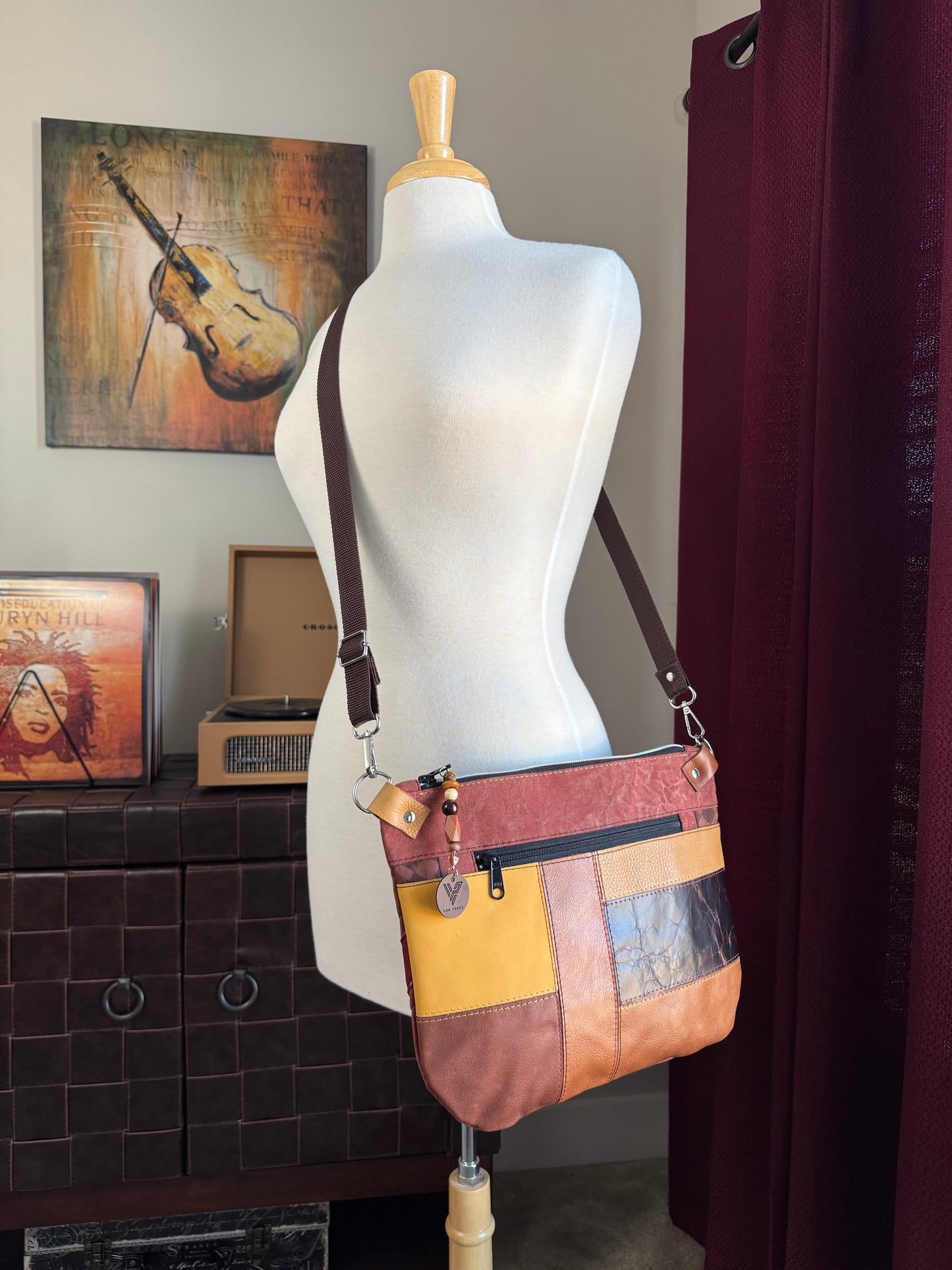 Brown Leather & Red Denim Crossbody