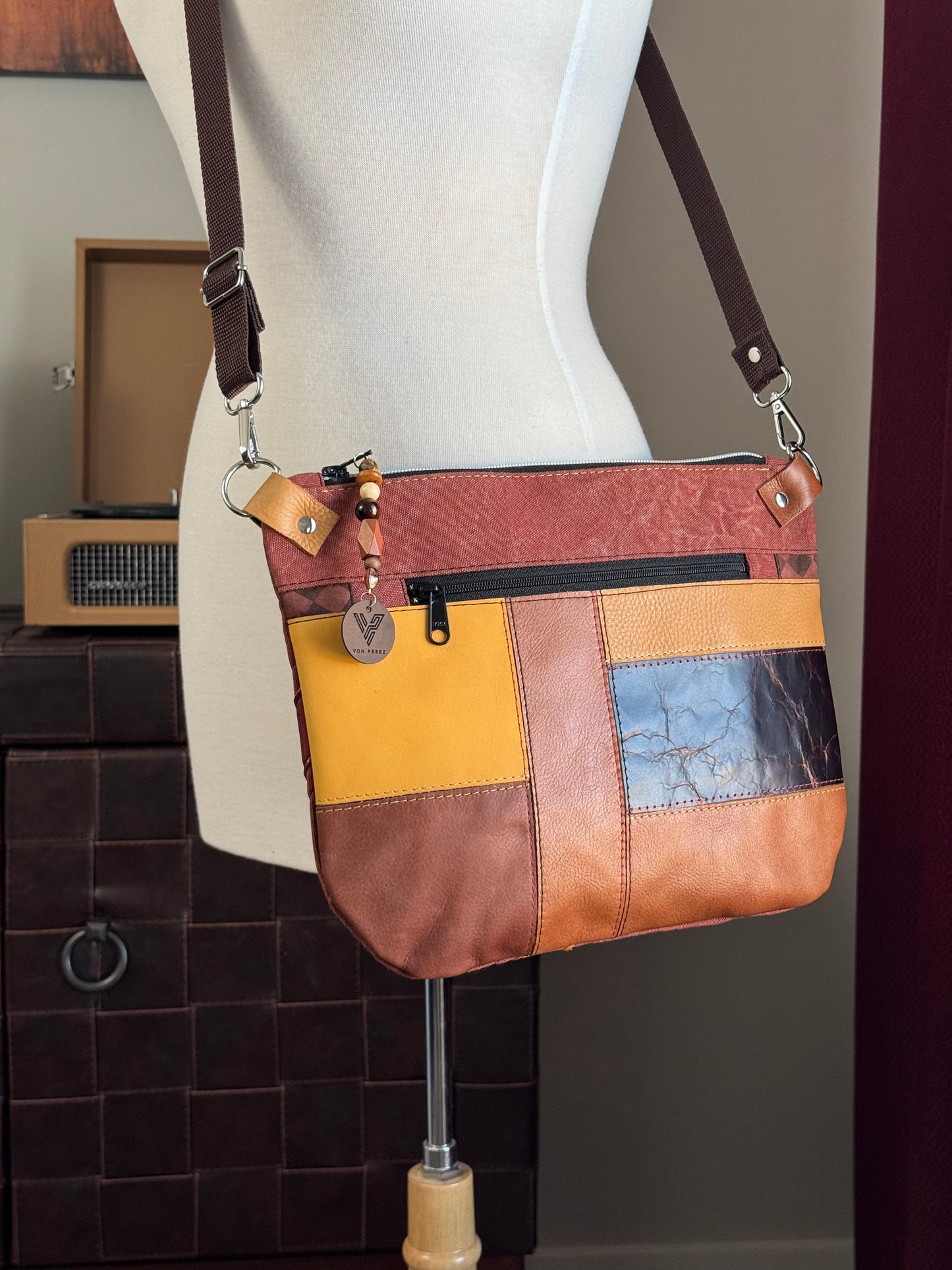 Brown Leather & Red Denim Crossbody