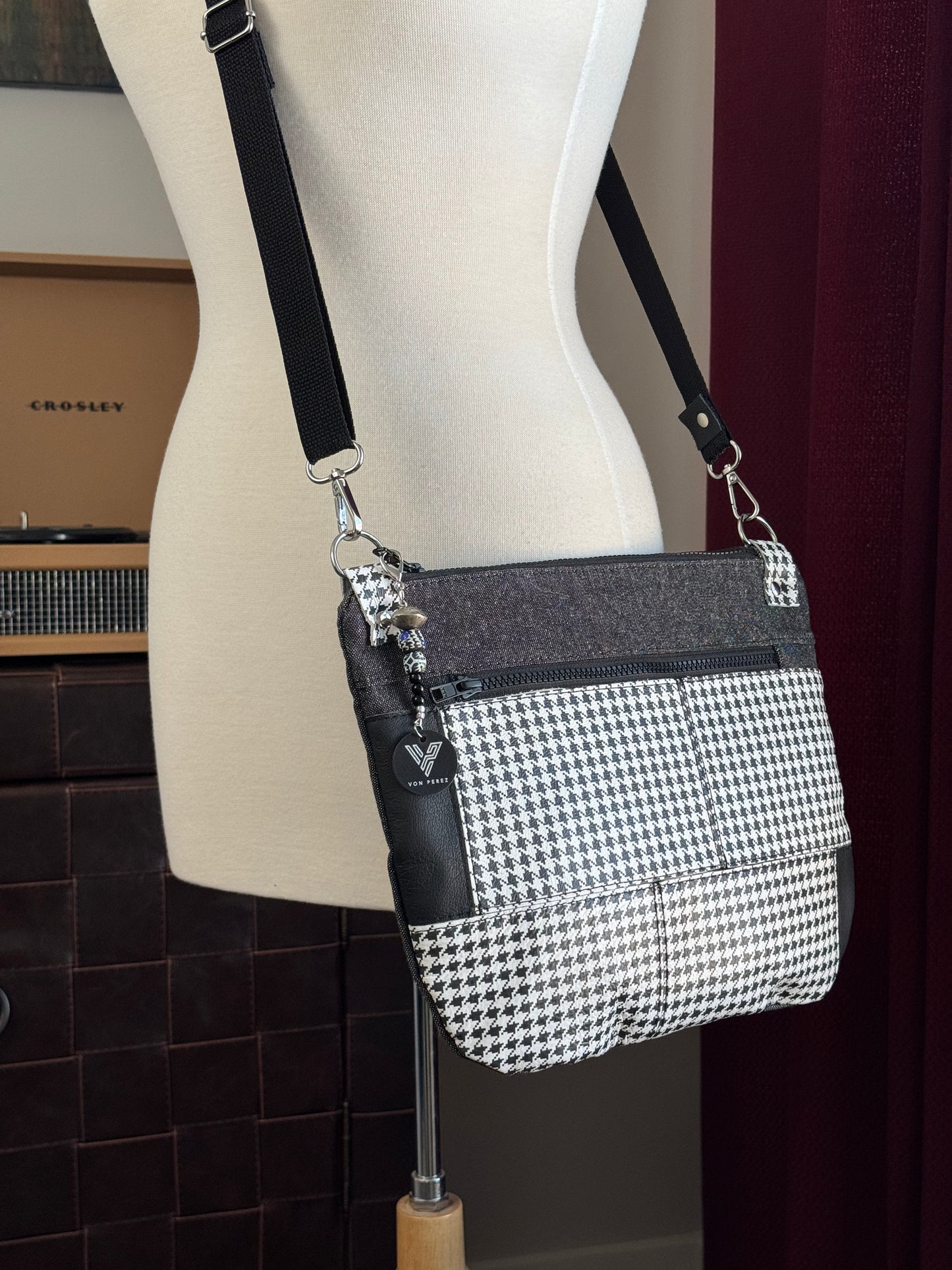 Houndstooth Leather & Black Denim Crossbody