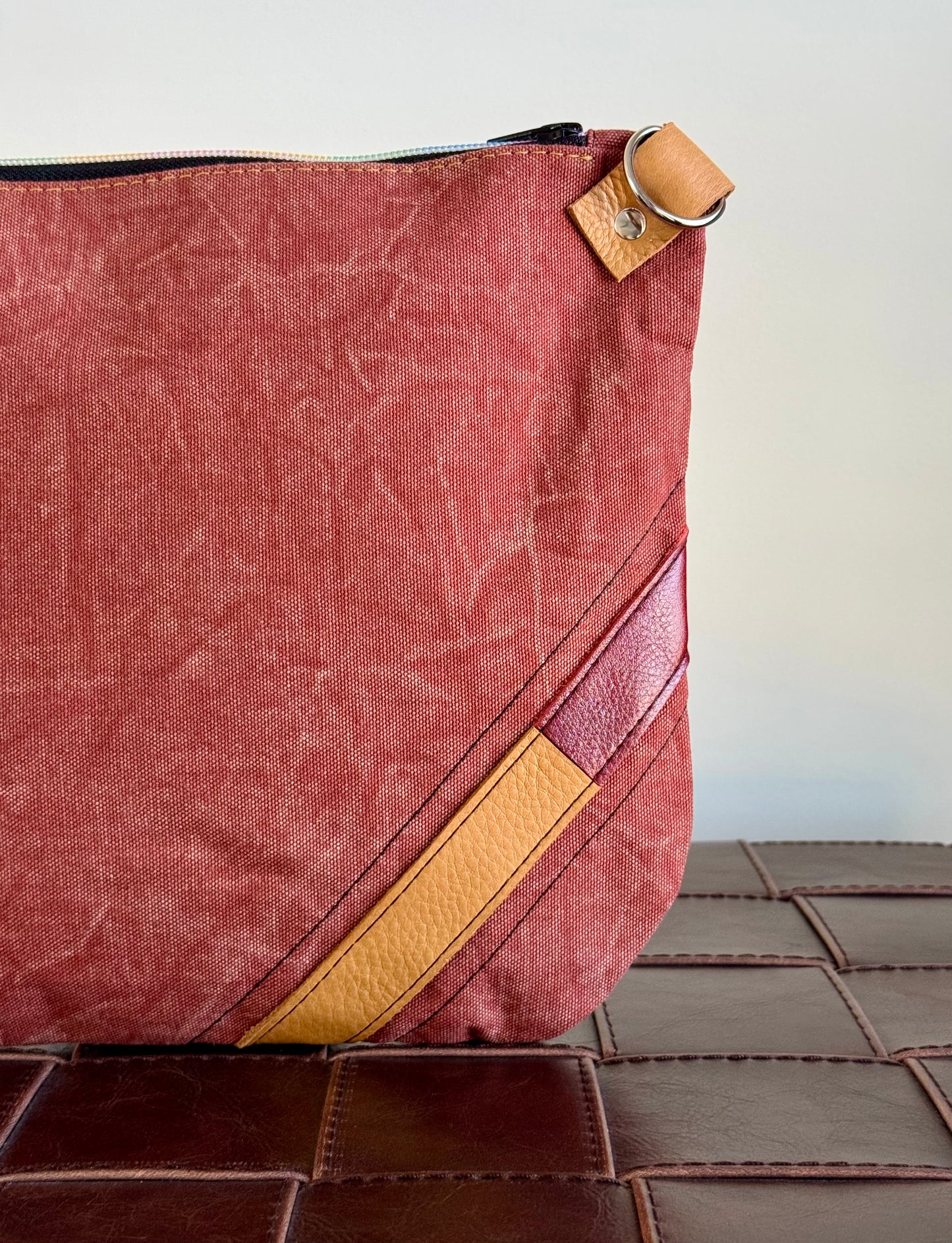 Brown Leather & Red Denim Crossbody