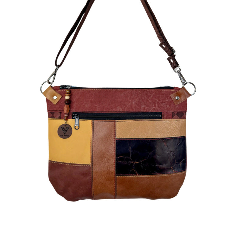 Brown Leather & Red Denim Crossbody