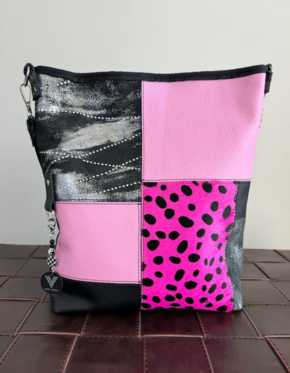 25% OFF Pink & Black Leather Patchwork Hobo