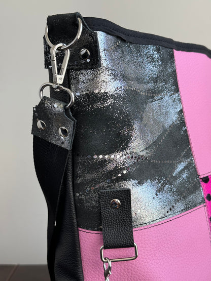 25% OFF Pink & Black Leather Patchwork Hobo