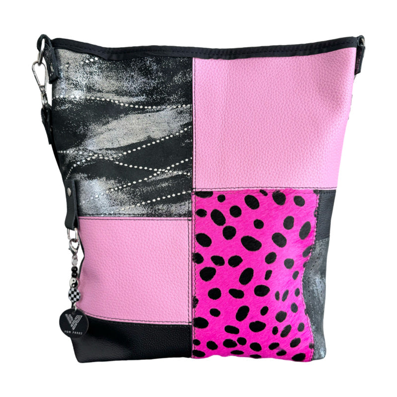 25% OFF Pink & Black Leather Patchwork Hobo