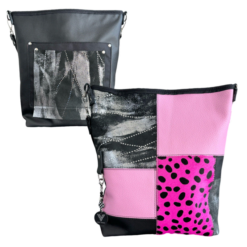 25% OFF Pink & Black Leather Patchwork Hobo