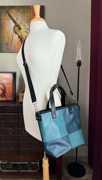 SALE - Blue and Teal Leather Patchwork Tote/Crossbody