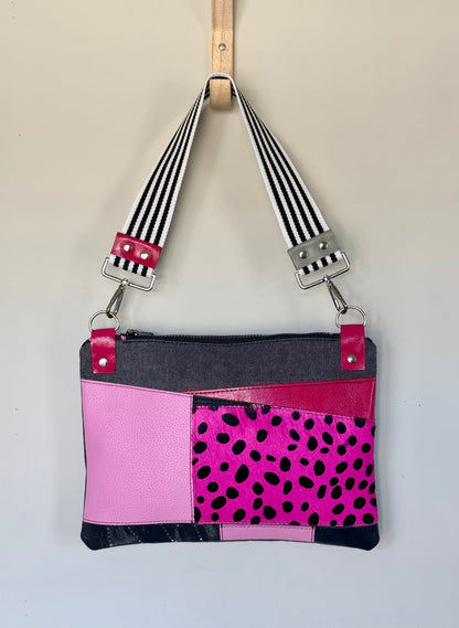 Pink & Black Leather Large Clutch/Crossbody