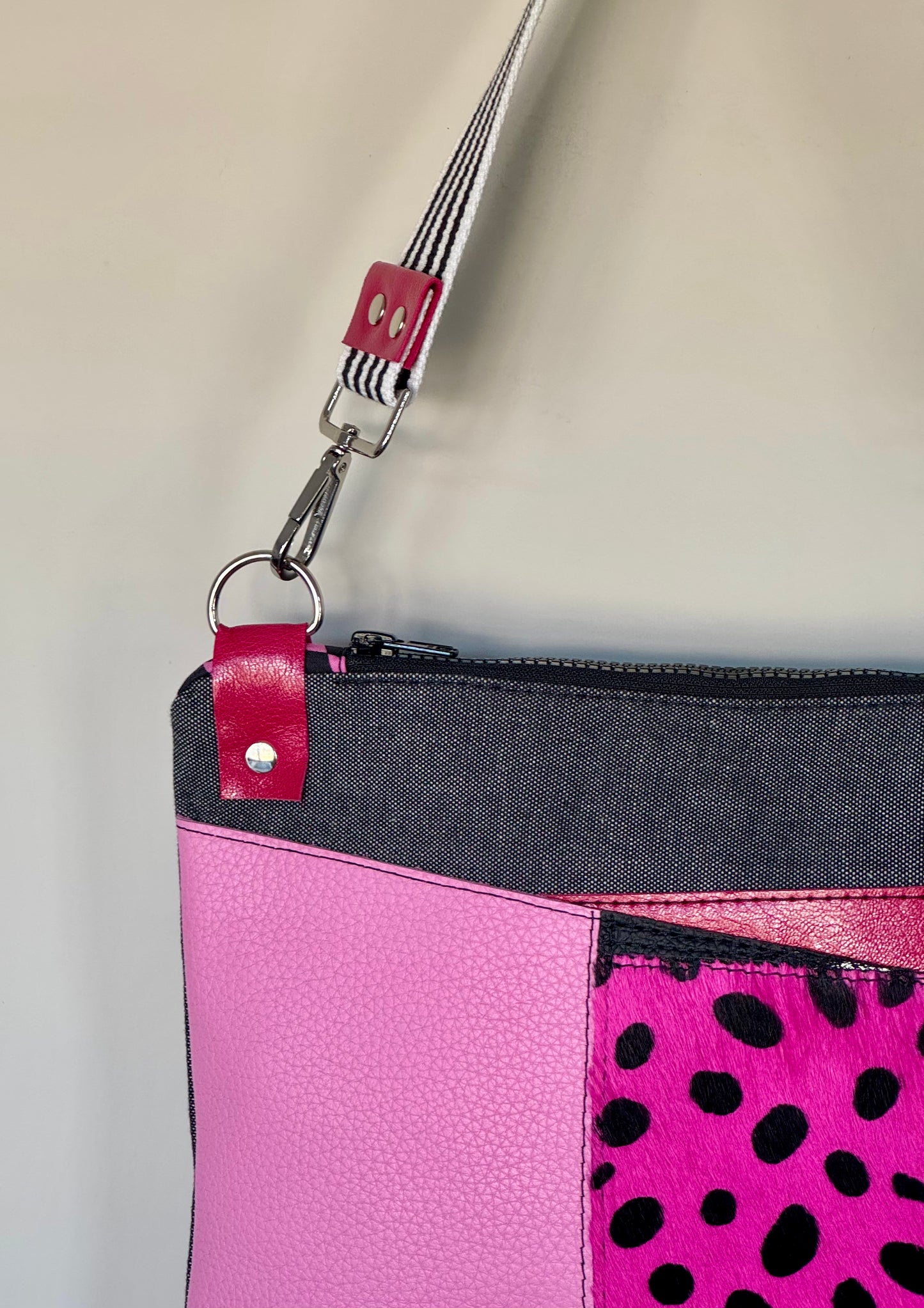 Pink & Black Leather Large Clutch/Crossbody