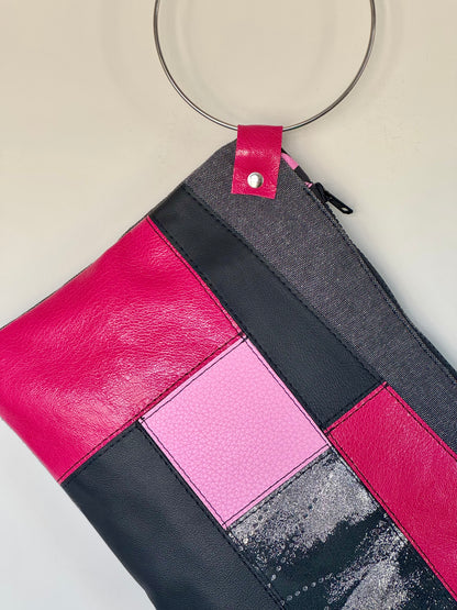 Pink & Black Leather Large Clutch