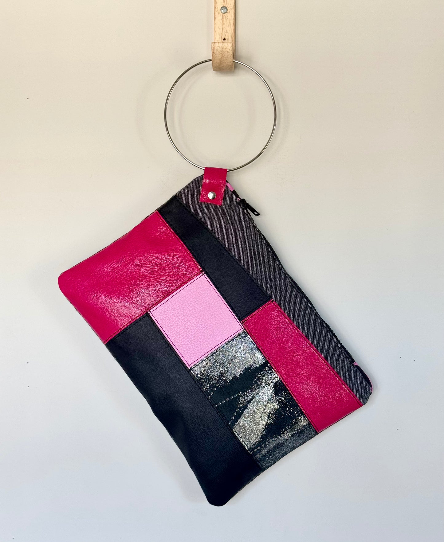 Pink & Black Leather Large Clutch