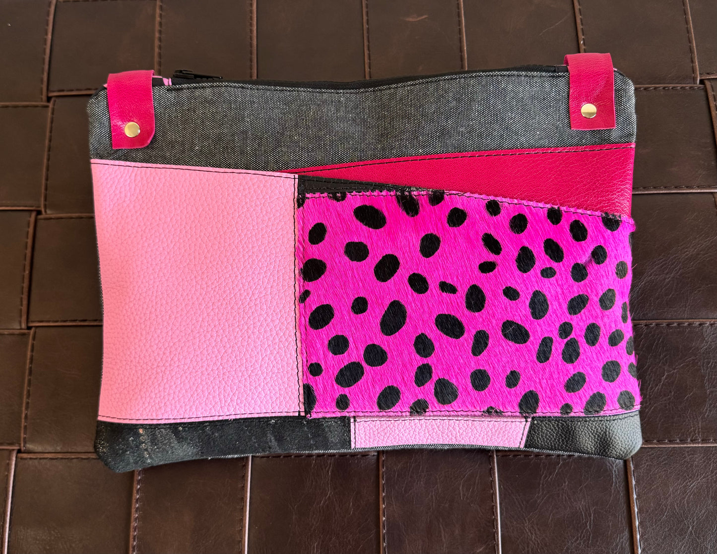 Pink & Black Leather Large Clutch/Crossbody