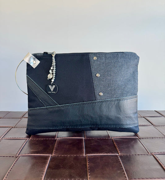 Black Leather & Denim Large Clutch