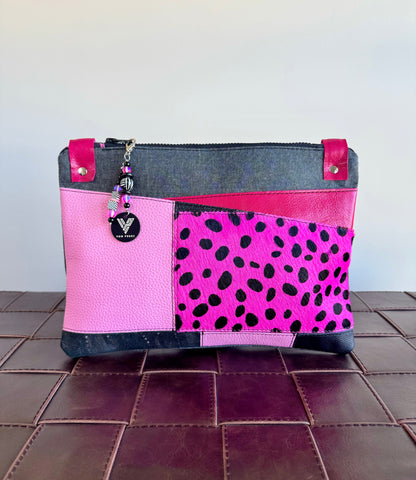 Pink & Black Leather Large Clutch/Crossbody