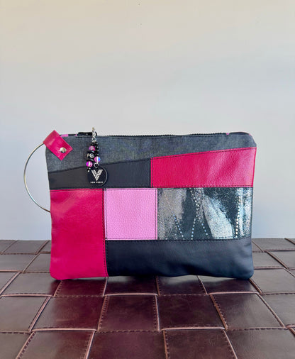 Pink & Black Leather Large Clutch