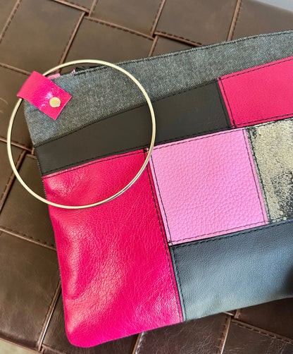 Pink & Black Leather Large Clutch