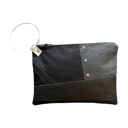 Black Leather & Denim Large Clutch