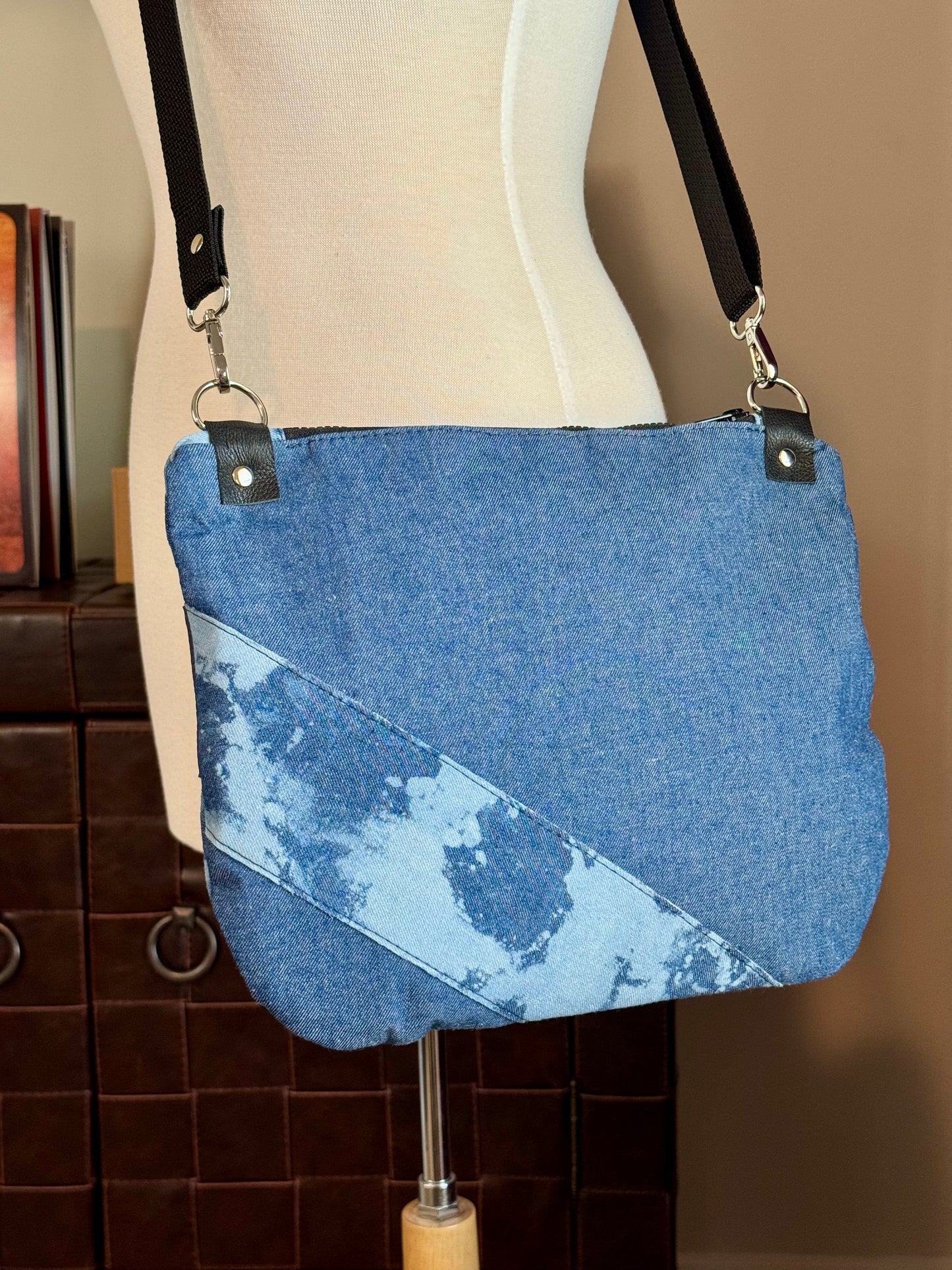 Blue Leather & Bleached Denim Crossbody