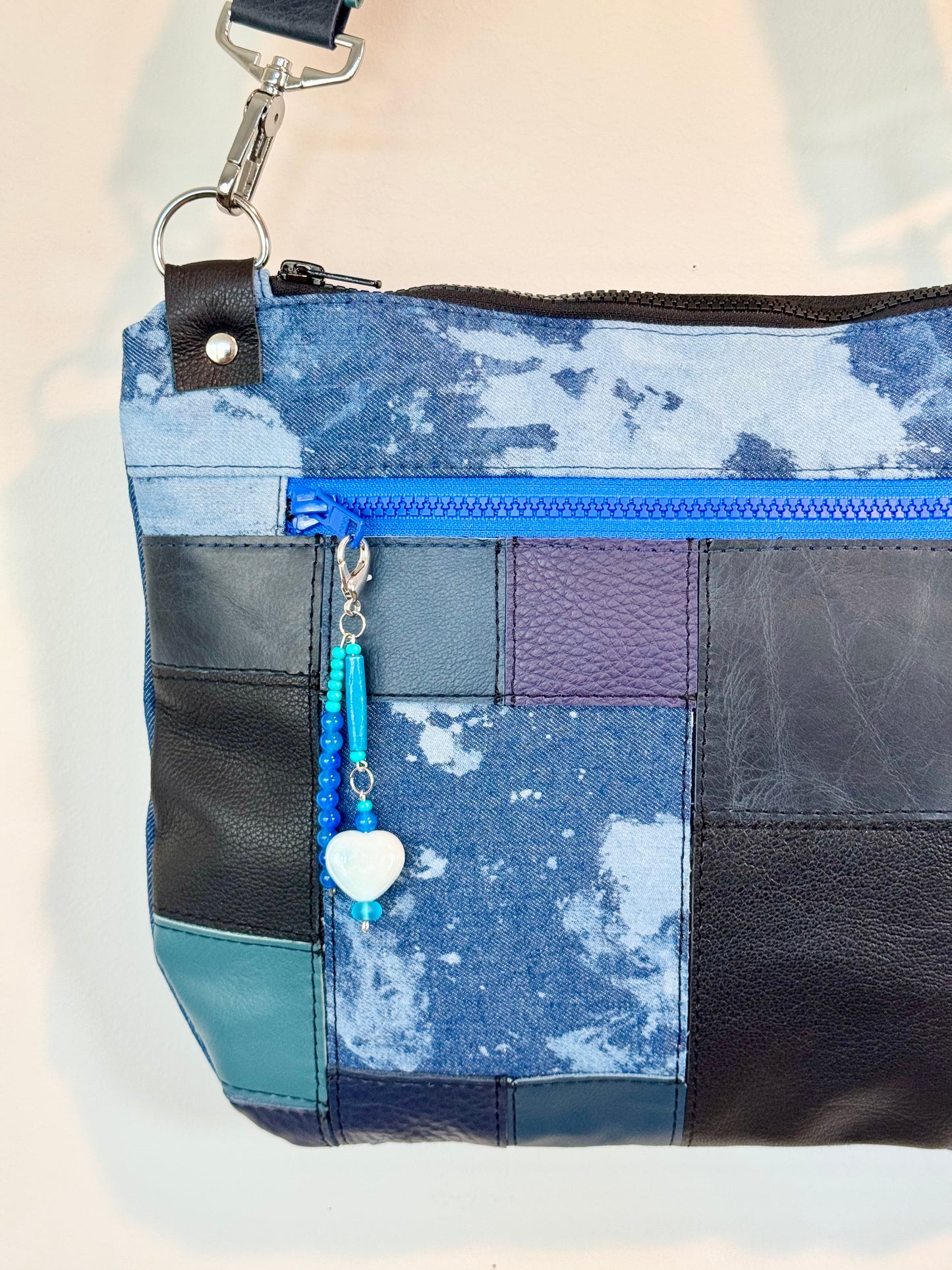 Blue Leather & Bleached Denim Crossbody