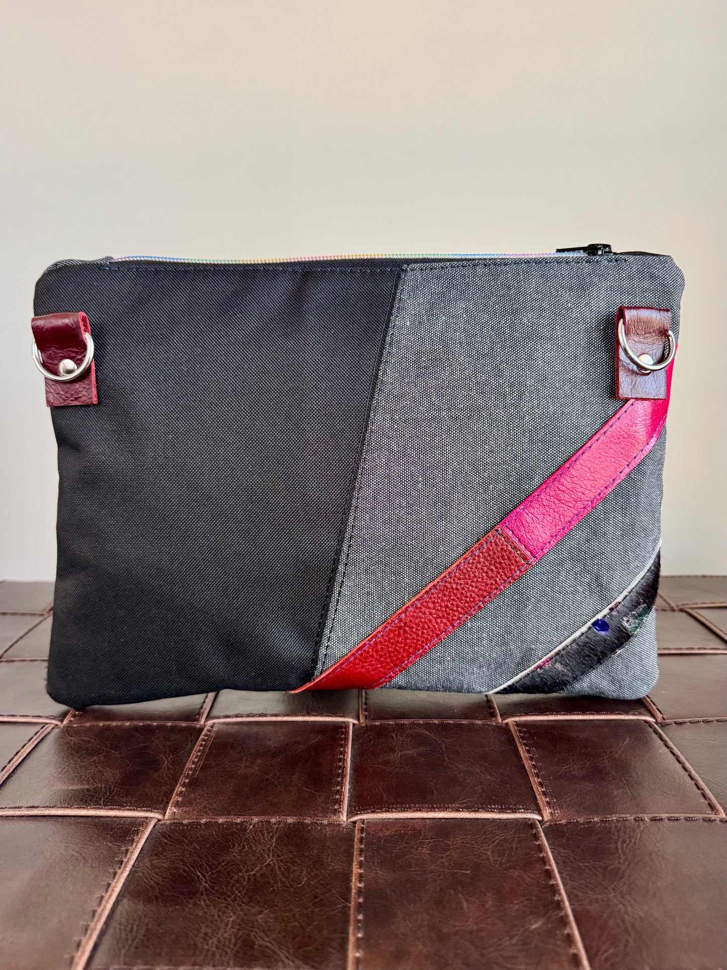 Black Rainbow & Burgundy Leather Large Clutch/Crossbody