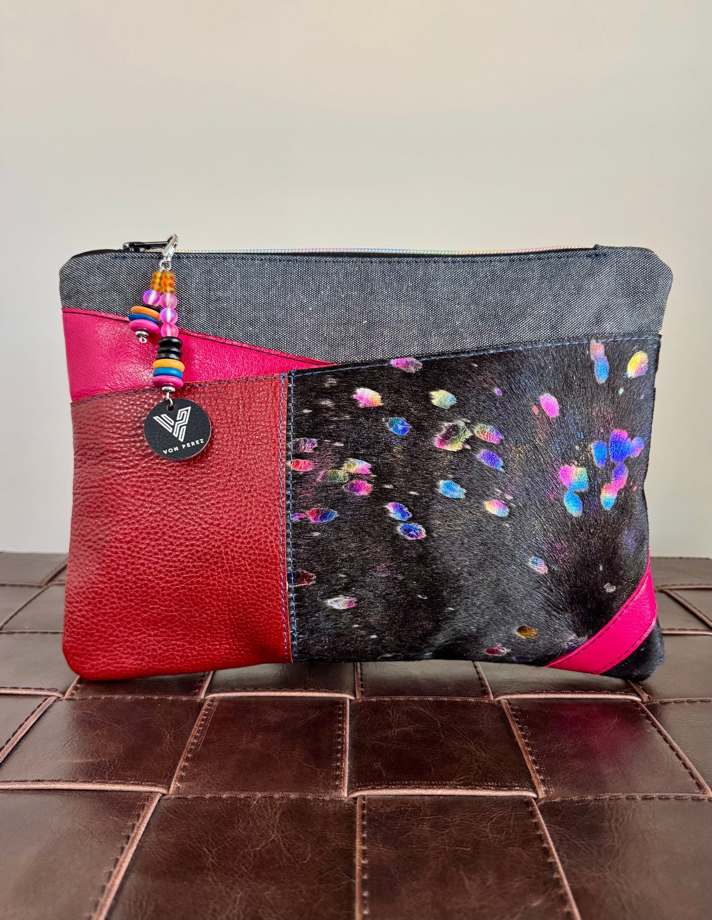 Black Rainbow & Burgundy Leather Large Clutch/Crossbody