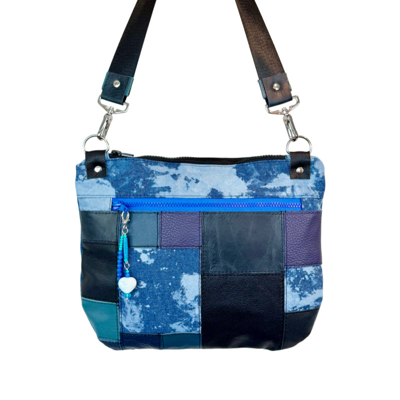 Blue Leather & Bleached Denim Crossbody