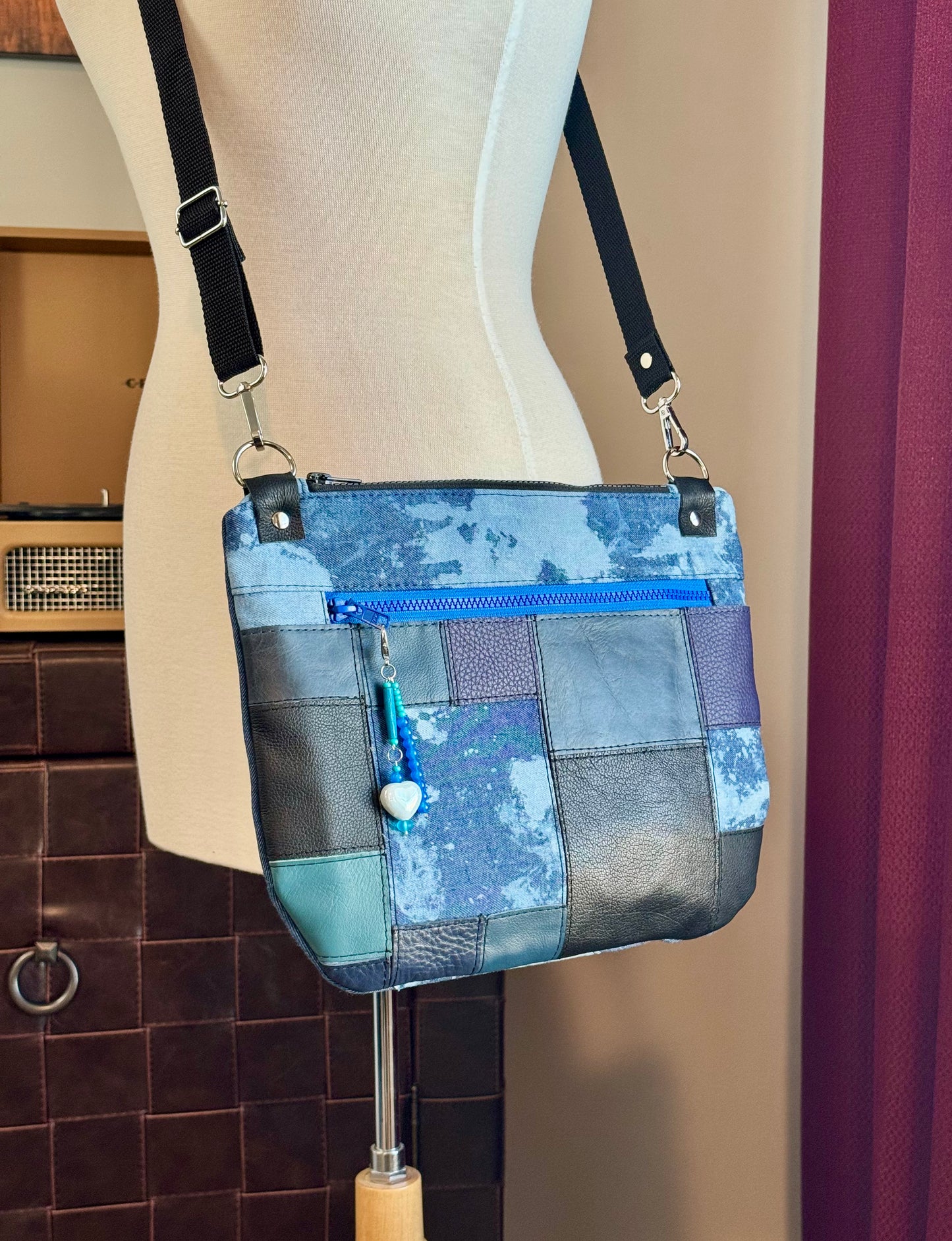 Blue Leather & Bleached Denim Crossbody