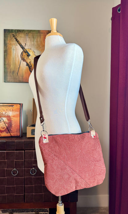 Brown Leather & Red Denim Crossbody