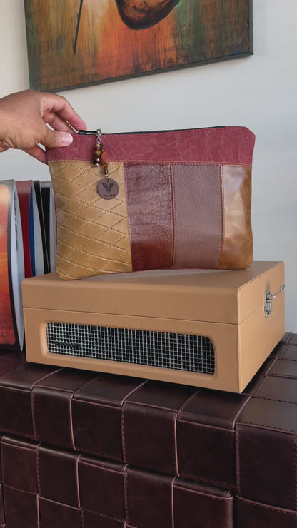 Brown Leather & Red Denim Large Clutch